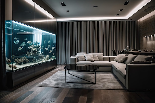 Modernes Wohnzimmer mit eleganten Möbeln und großem Aquarium, umgeben von einfachen Akzenten