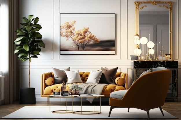 Modernes Wohnzimmer mit gelbem Sofa, goldenem Sessel, Couchtisch und Gemälden an der Wand