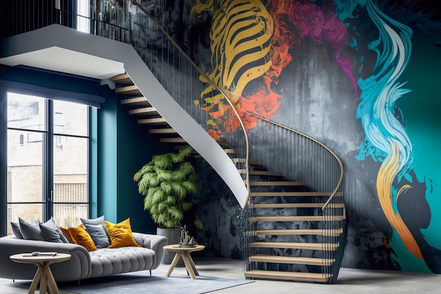 Modernes Wohnzimmer mit Graffiti-Texturwand und Treppe Generative KI