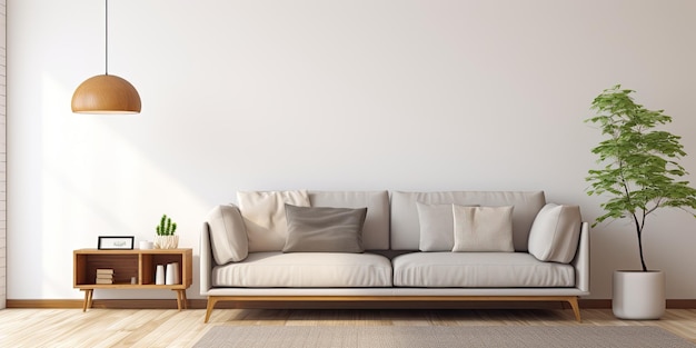 Modernes Wohnzimmer mit grauem Sofa, Beistelltisch aus Holz und weißer Deckenlampe auf Holzboden