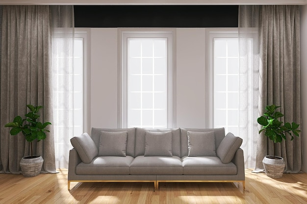 Modernes Wohnzimmer mit großen Fenstern und Sofa
