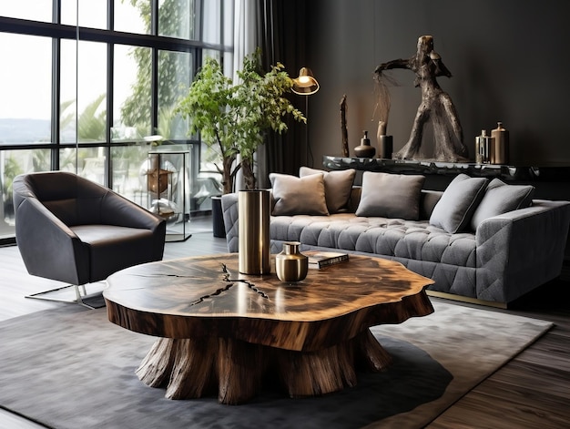 Modernes Wohnzimmer mit Holzstumpf-Coffee-Tisch in der Nähe von grauen Sesseln und Sofa