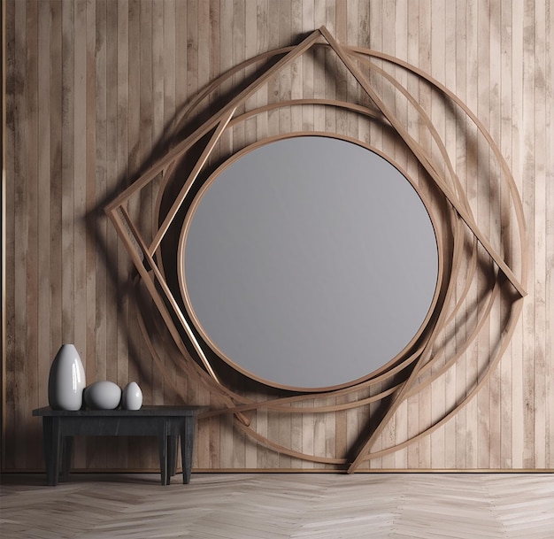 Modernes Wohnzimmer mit Holzwänden, Holzboden und rundem Spiegel darüber 3D-Rendering