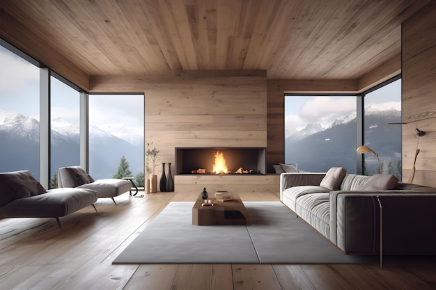 Modernes Wohnzimmer mit Kamin und hohen Fenstern in den Bergen