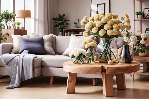 Modernes Wohnzimmer mit künstlichen Blumen in einer Vase und Wohnaccessoires auf einem hellen Holztisch