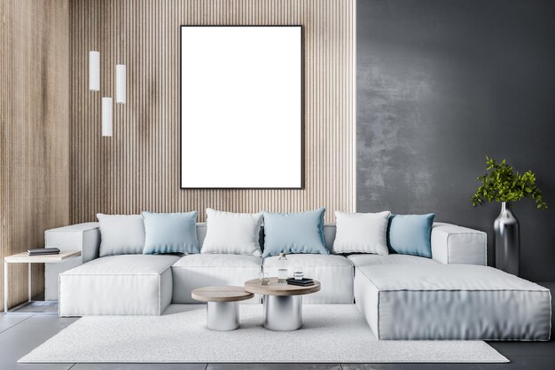 Modernes Wohnzimmer mit leerem Mock-up-Banner, schöner Couch, Kissen, Teppich und anderen Gegenständen Designkonzept 3D-Rendering