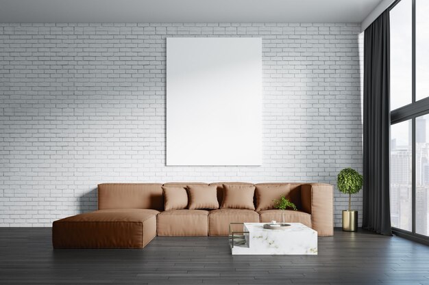 Modernes Wohnzimmer mit leerem, weißem Mock-up-Poster auf Ziegelwand, großer Couch, anderen Möbelstücken, Vorhangfenster mit Tageslicht und Blick auf die Stadt 3D-Rendering