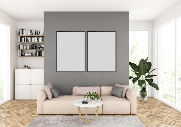 Modernes Wohnzimmer mit leeren doppelten Feldern für Foto oder Gestaltungsarbeit