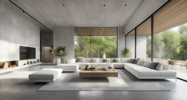 Modernes Wohnzimmer mit minimalistischem Design und großen Fenstern