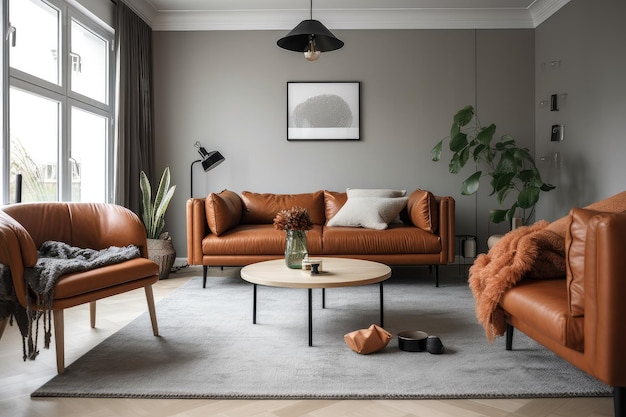 Modernes Wohnzimmer mit minimalistischem skandinavischen Stil und Ledersofa