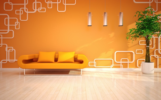 Modernes Wohnzimmer mit orangefarbenem Sofa