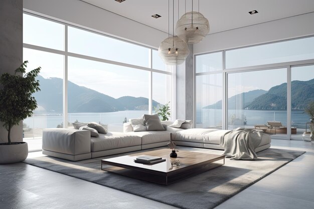 Modernes Wohnzimmer mit Panoramablick auf eine generative KI am Wasser