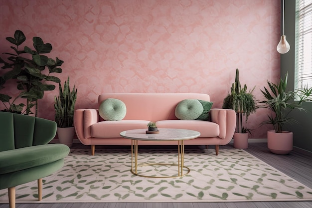 Modernes Wohnzimmer mit rosa Couch und grünen Stühlen Generative KI