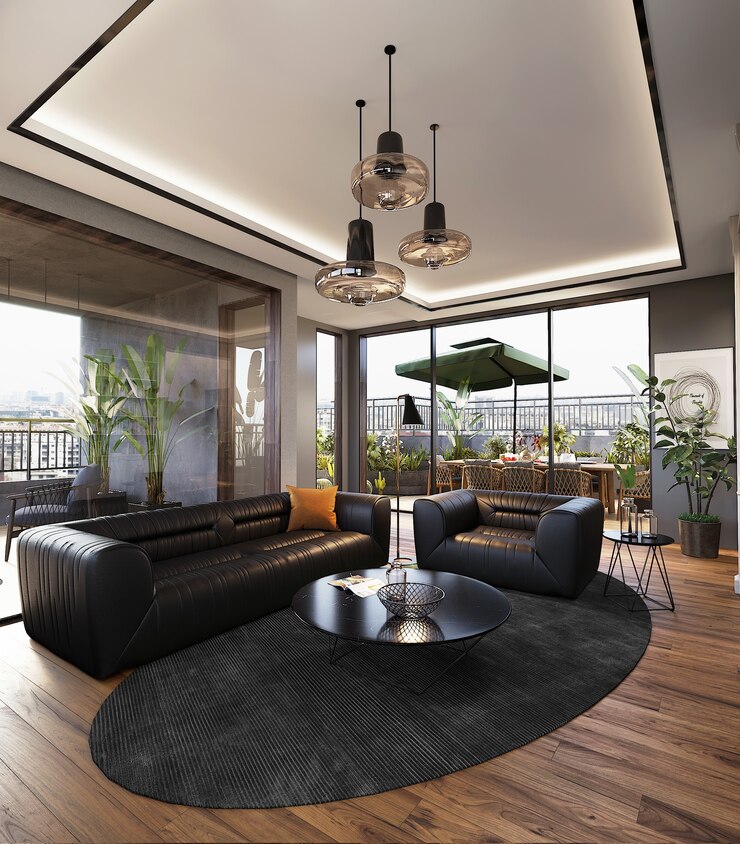 Foto modernes wohnzimmer mit schwarzem sofa auf dem holzboden, 3d rendern