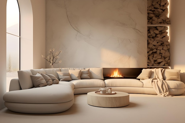 Modernes Wohnzimmer mit Sofa, gedämpfte Töne, helles Beige, abgerundet.
