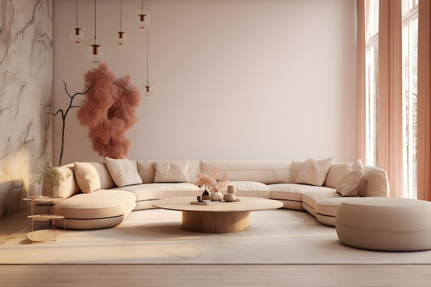 Modernes Wohnzimmer mit Sofa, gedämpfte Töne, helles Beige, abgerundet.