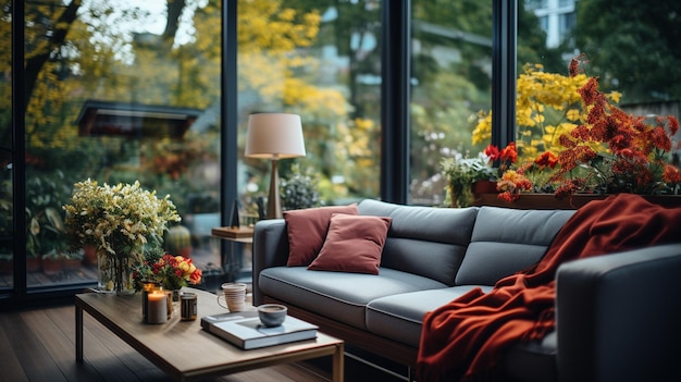 modernes Wohnzimmer mit Sofa und Kissen