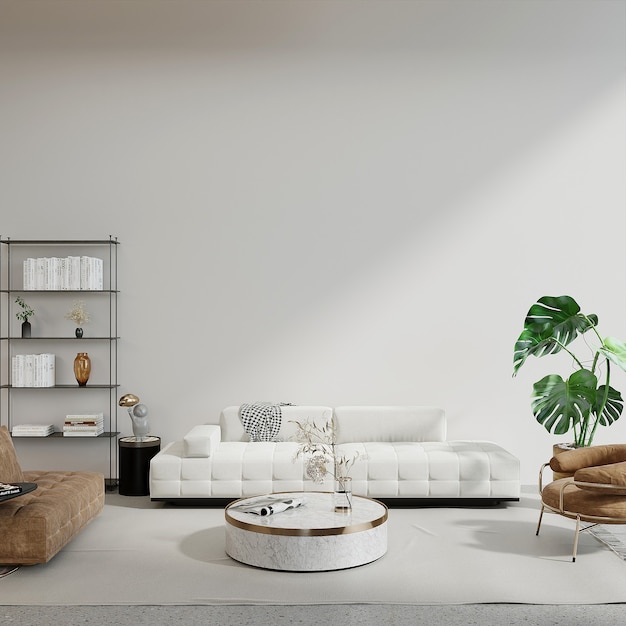 Modernes Wohnzimmer mit weißem Sofa und 3D-Render der Pflanze