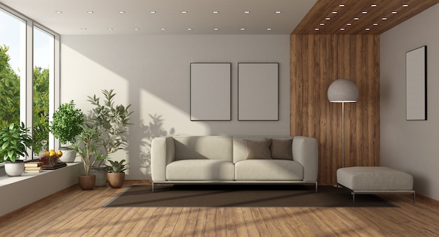 Modernes Wohnzimmer mit weißem Sofa und Holzvertäfelung