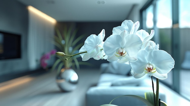 Modernes Wohnzimmer mit weißen Blumen und Orchideen