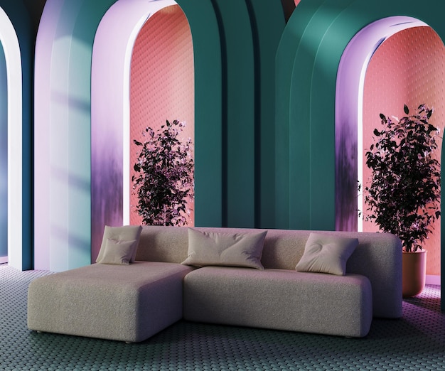 Modernes Wohnzimmer mit weißen Sofabögen mit Neonlicht 3D-Rendering