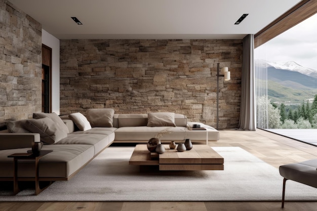Modernes Wohnzimmer und Felswand mit Einrichtungsstilen und Heimdekorationsattrappen für generative KI