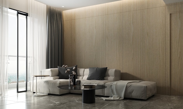 Modernes Wohnzimmer und leere Holzwand Textur Hintergrund Innenarchitektur 3D-Rendering