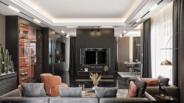 modernes wohnzimmerdesign 3d-rendering in hoher qualität