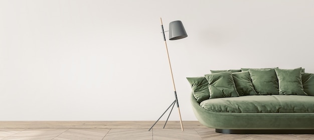 Modernes Wohnzimmerdesign, grünes Sofa und Stehlampe aus Holz