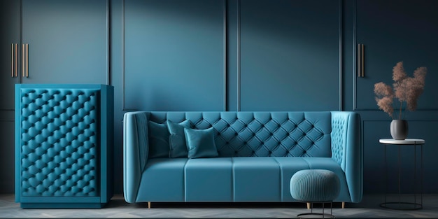 Modernes Wohnzimmerdesign mit blauen Akzenten Ein schicker und einladender Raum