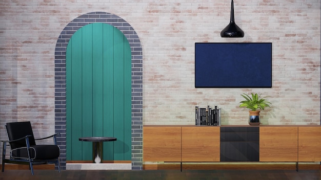 Modernes Wohnzimmerdesign mit Sofa und exponiertem Wandhintergrund, 3D-Rendering