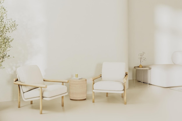 Foto modernes wohnzimmerinterieur in hellen beige-tönen mit 2 sesseln und tisch leere wand mit sonnenlicht 3d-rendering