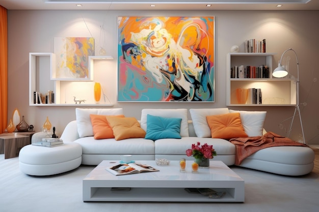 Modernes Wohnzimmerinterieur mit lebendiger Wandkunst