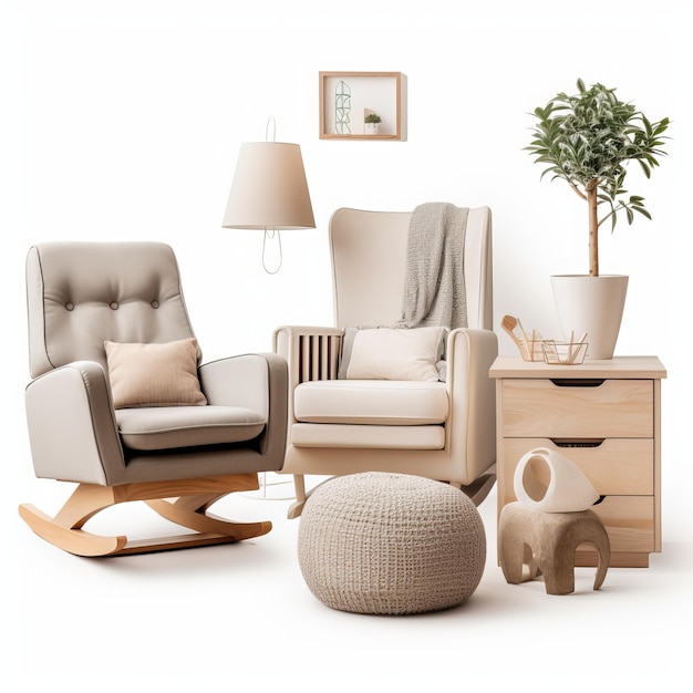 Foto modernes wohnzimmerinterieur mit sessel und schaukelstuhl 3d-rendering