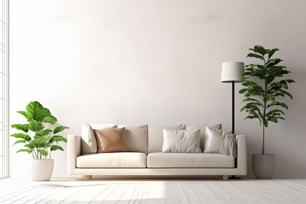 Modernes Wohnzimmerinterieur mit Sofa und grünen PflanzenLampen