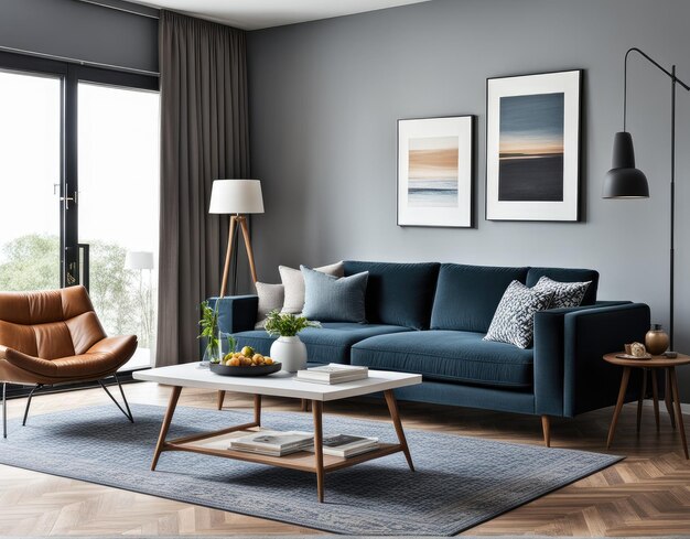 Foto modernes wohnzimmerinterieur mit stilvollem, bequemen sofa