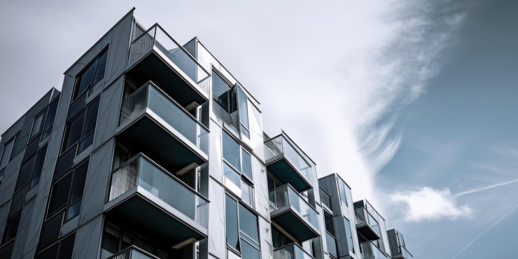 Foto modernes, zeitgenössisches apartmentgebäude mit blauem himmel generative ai aig20