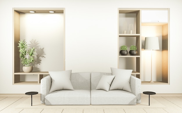 Modernes Zen Wohnzimmer Interieur, weißes Sofa und Dekor im japanischen Stil auf Zimmer weiße Wand. 3D-Rendering