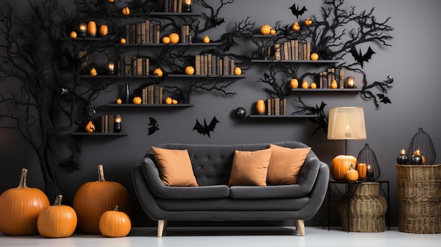 Modernes Zimmer, einfach für Halloween dekoriert. Idee für ein festliches Interieur mit weißer Wand