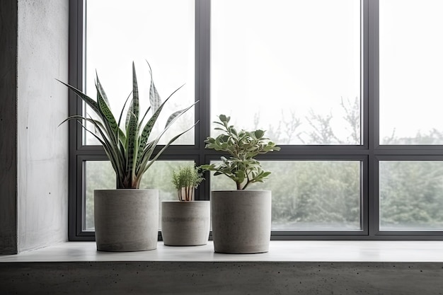 Modernes Zuhause mit elegantem Interieur und minimalistischem Äußeren mit Zimmerpflanze in einem Blumentopf aus Beton auf der Fensterbank, die mit generativer KI erstellt wurde