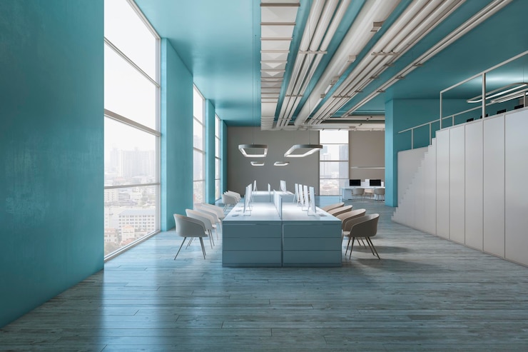 Foto modernes zweistöckiges hellblaues und hölzernes coworking-büro-interieur mit möbeln und geräten mit fenster- und stadtblick 3d-rendering