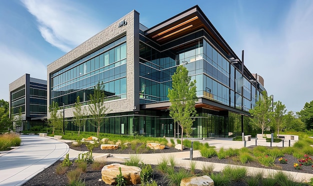 Modernidade sustentável Exterior do edifício de escritórios com foco na sustentabilidade