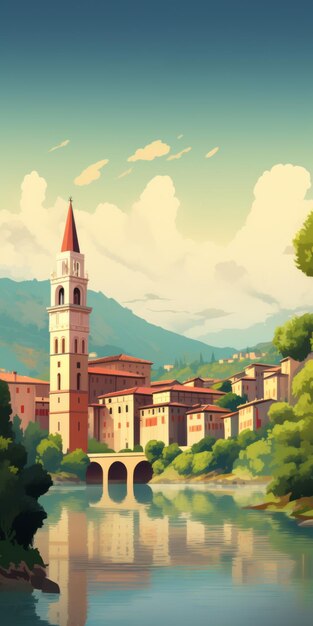 El modernismo antiguo Un tranquilo pueblo italiano enclavado entre majestuosas montañas