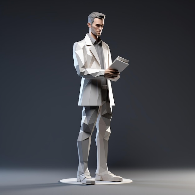 Modernismo geométrico modelo 3d de hombre en traje con libro