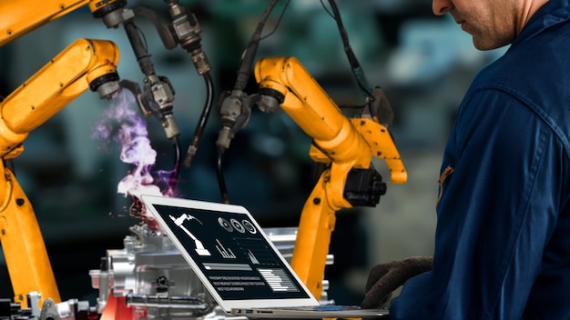 Foto modernización de los brazos robóticos de la industria inteligente para una tecnología de fábrica innovadora