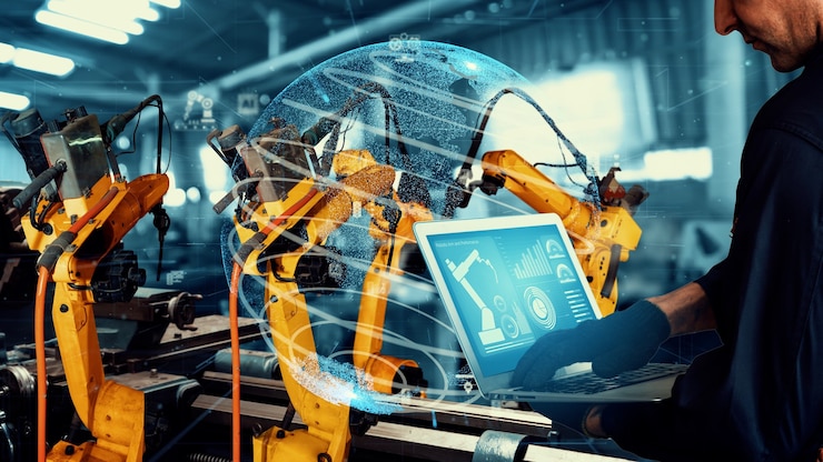 Foto modernización de brazos robóticos industriales inteligentes para tecnología de fábrica digital