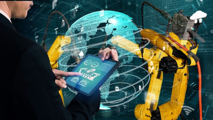 Foto modernización de brazos robóticos industriales inteligentes para tecnología de fábrica digital