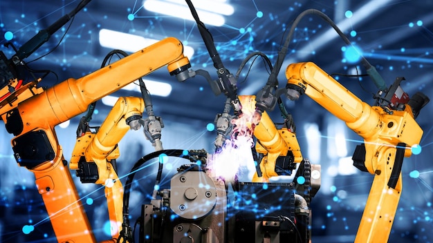 Foto modernización de brazos robóticos industriales inteligentes para tecnología de fábrica innovadora