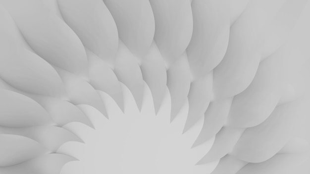 Moderno abstracto tridimensional paramétrico de un conjunto de pétalos tridimensionales blancos ondulados que convergen en un centavo
