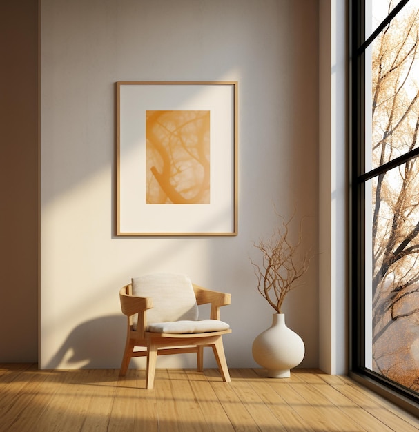 un moderno afiche blanco abstracto de madera se encuentra en el alféizar delantero de una ventana al estilo natural